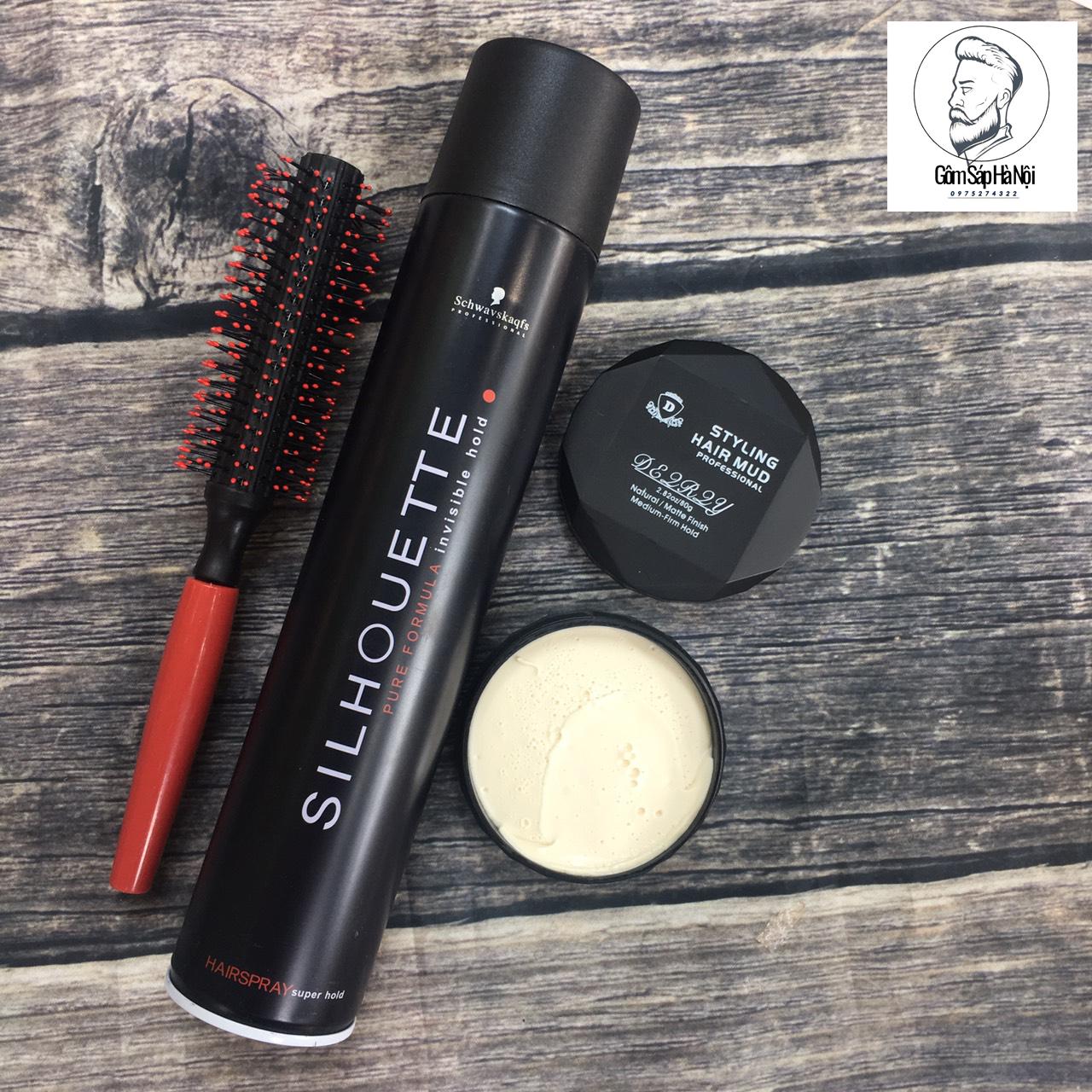 Combo gôm xịt tóc silhouette 400ml + sáp vuốt tóc d styling hair mud siêu giữ nếp + lược