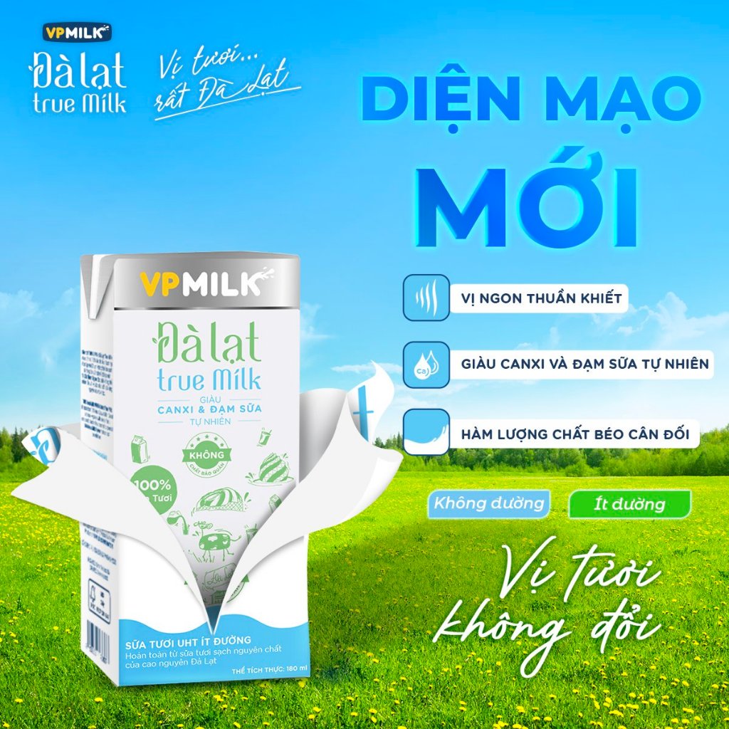 [Thùng 48 hộp 110ml] Sữa Tươi Nguyên Chất UHT Đà Lạt True Milk Ít Đường