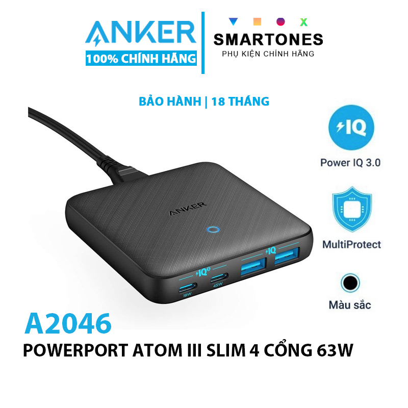 [Anker Việt Nam] SẠC ANKER POWERPORT ATOM III SLIM 4 CỔNG 63W - A2046