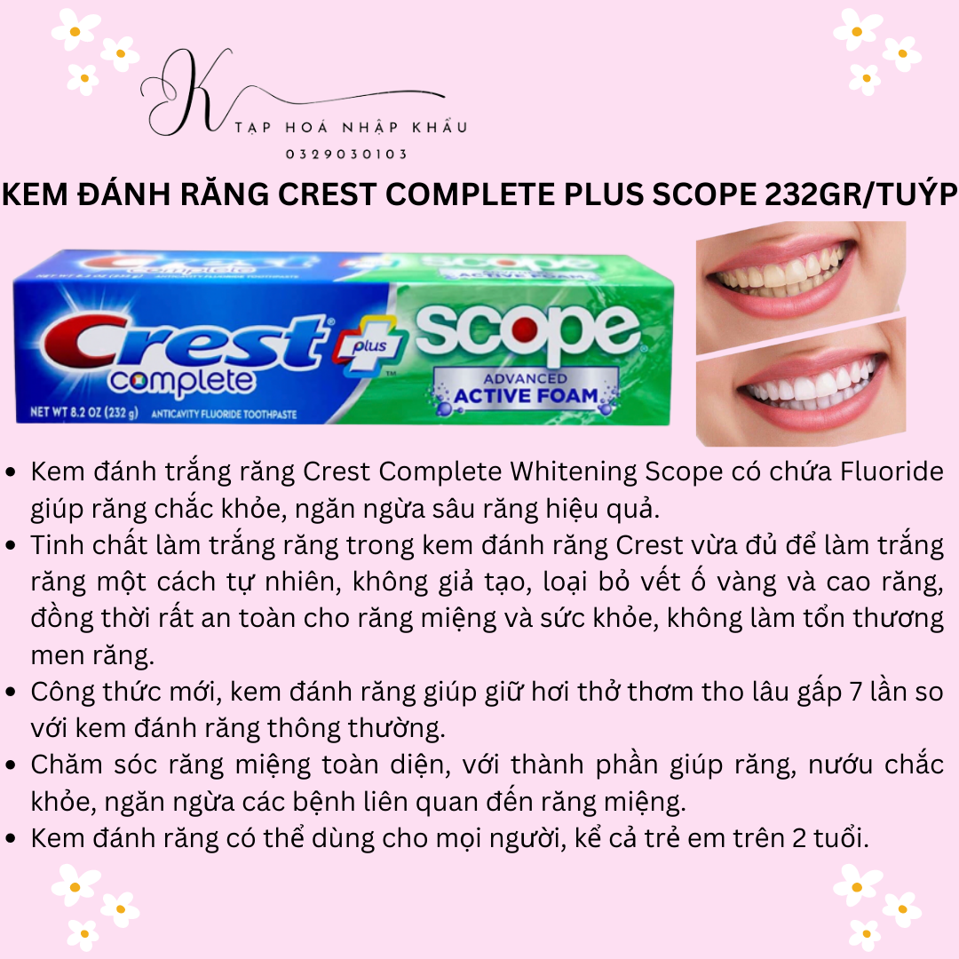 [NHẬP KHẨU MỸ] KEM ĐÁNH RĂNG CREST COMPLETE EXTRA WHITENING + SCOPE 232G/TUÝP CỦA MỸ