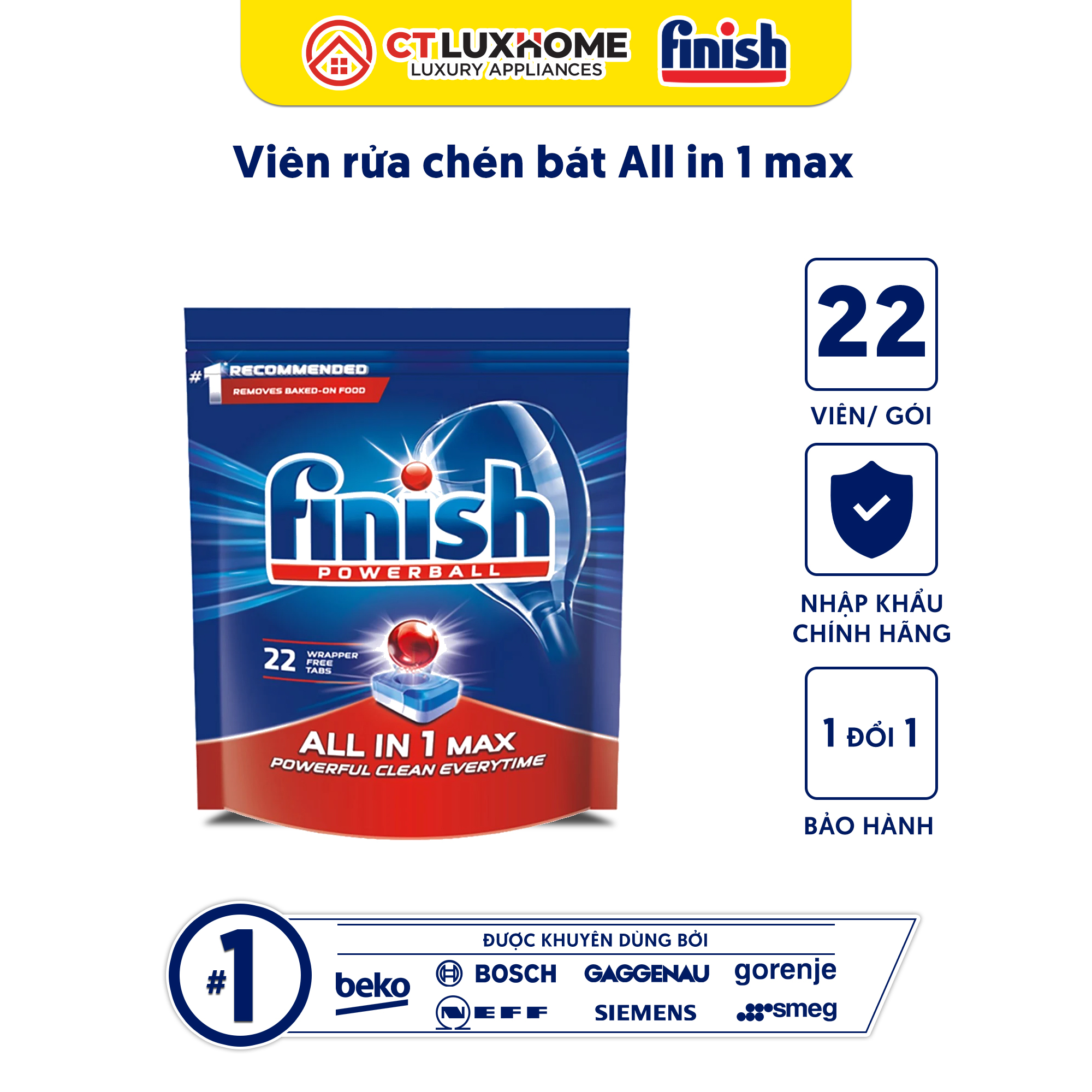 Viên rửa chén bát Finish All In One Max 22 viên [10 chức năng, rẻ vô địch]