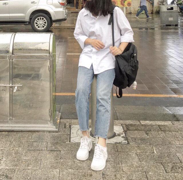 Áo sơ mi trắng trơn   nam nữ basic oversize học sinh DÀI TAY UZZANG