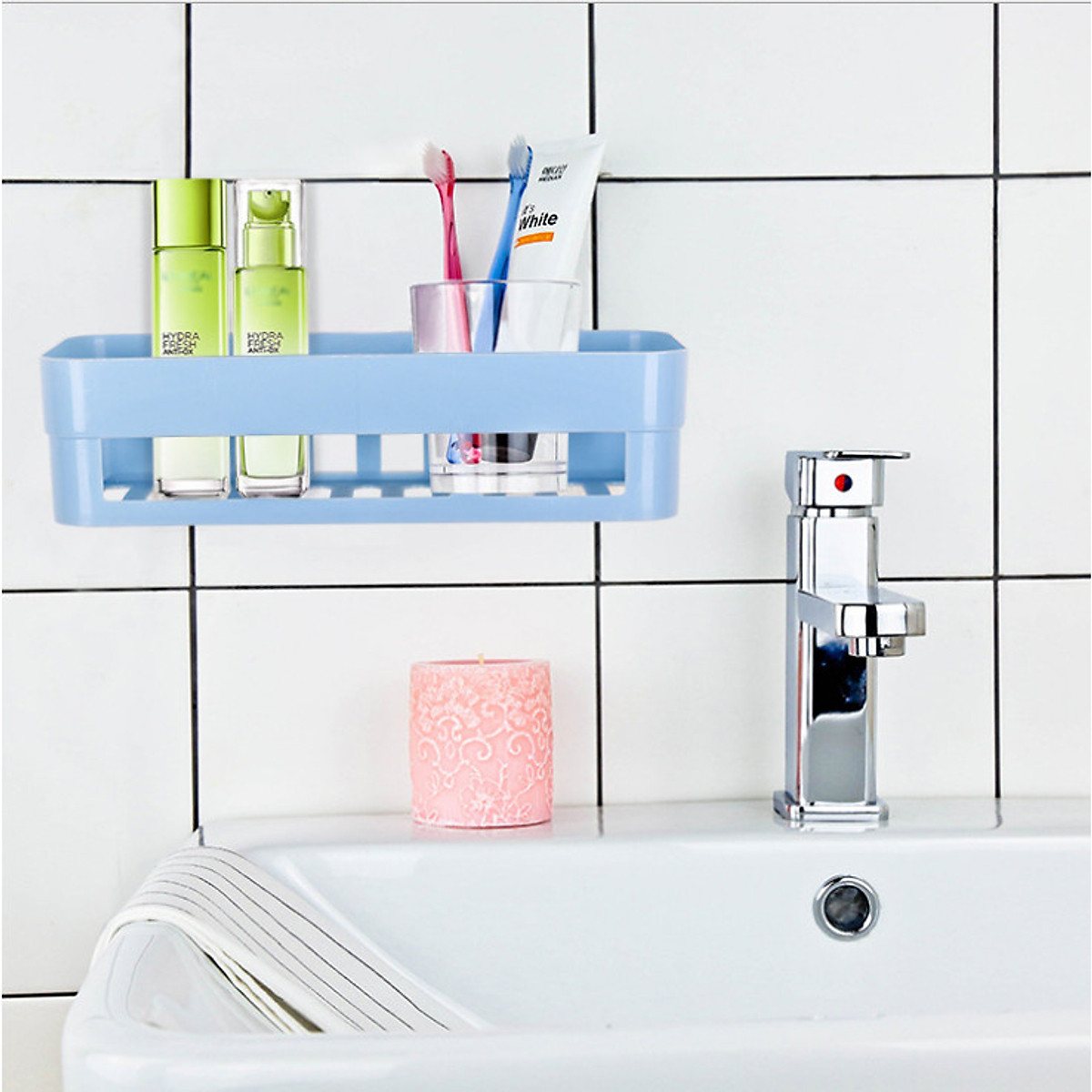 [HCM] Kệ nhựa chữ nhật treo tường nhà tắm, nhà bếp dán tường chịu lực thoát nước dễ dàng