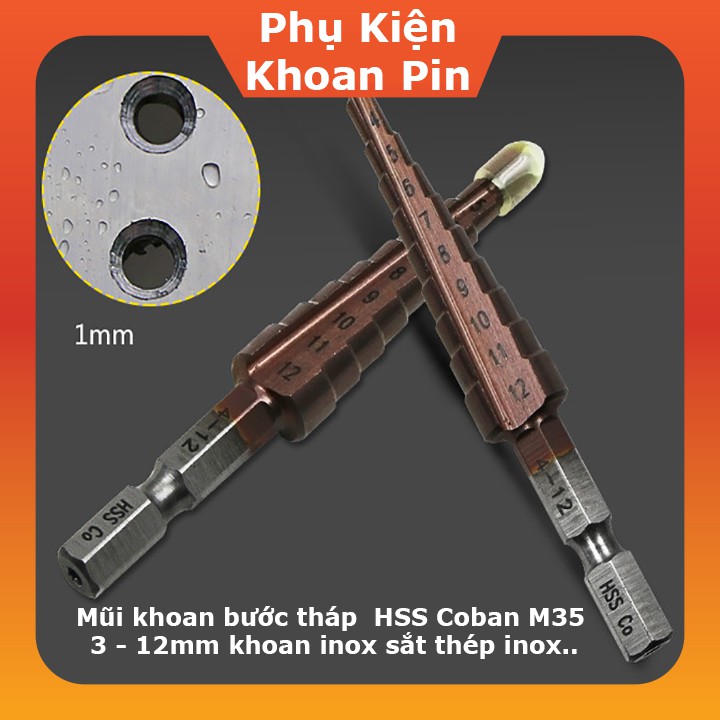 Mũi khoan tháp, bước HSS M35 cobalt lỗ khoan 4mm - 12mm chân lục giác,chất liệu cobalt , độ cứng cao , khoan inox