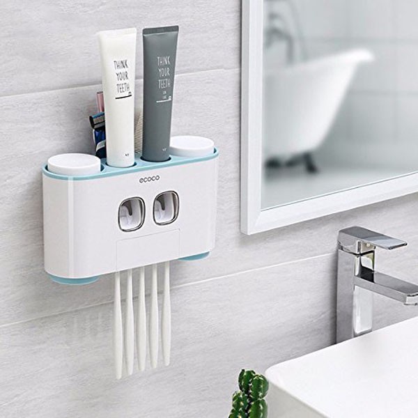 Dụng cụ treo bàn chải đánh răng, Dụng cụ nhả kem tự động, lấy kem tự động ECOCO, tặng kèm 4 cốc cao cấp, không cần khoan tường