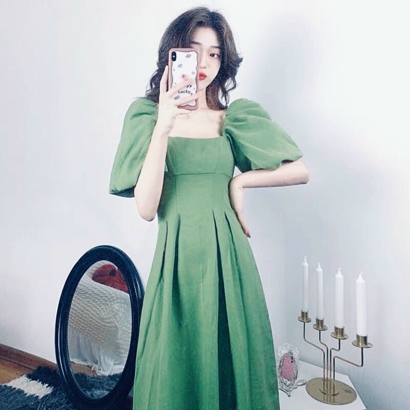 Đầm váy mint cổ vuông form dài