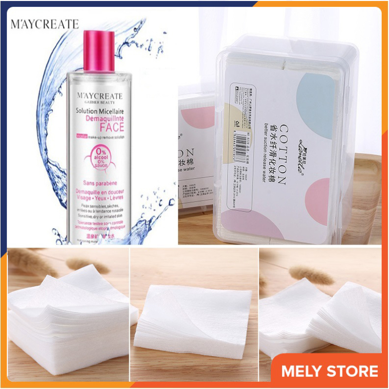 Combo nước tẩy trang và bông tẩy trang: Nước tẩy trang MayCreate 300ml + Bông tẩy trang Laneila 1000 miếng siêu mỏng, siêu dai SPU141