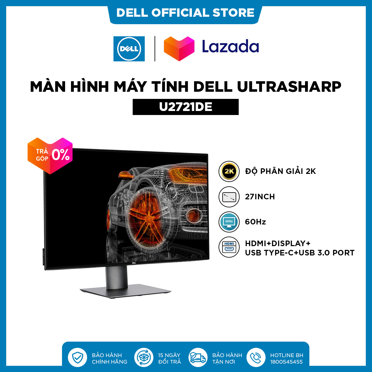 TRẢ GÓP 0%|FREESHIP|Màn Hình Máy Tính Dell UltraSharp U2721DE 27inch 2K IPS 60hz 5ms Cổng RJ45 HDMI+Display+USB Type-C+USB 3.0 Port
