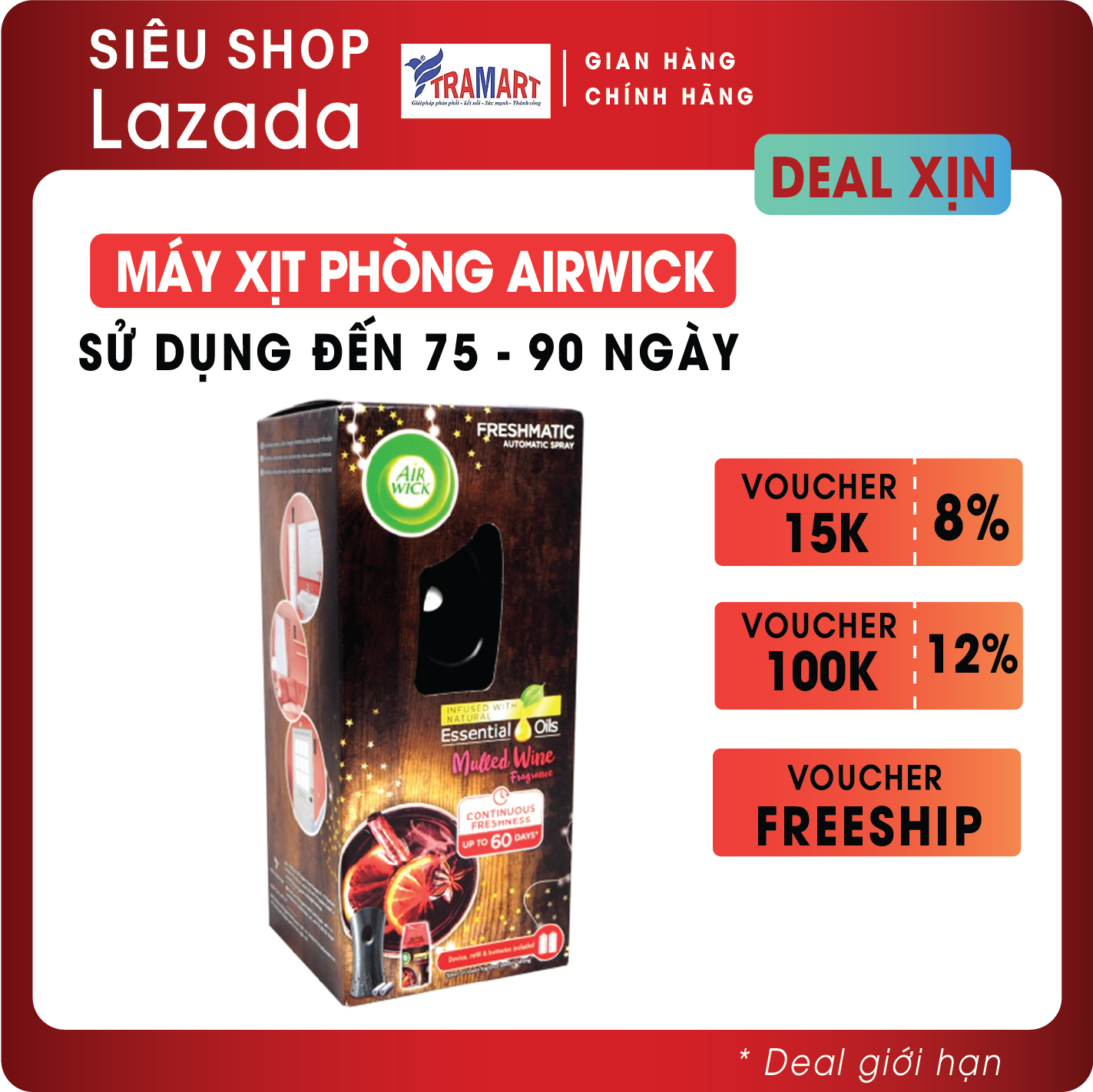 Máy xịt thơm phòng tự động Airwick AWK0497 Mulled Wine 250ml (Hương cam quế đinh hương)