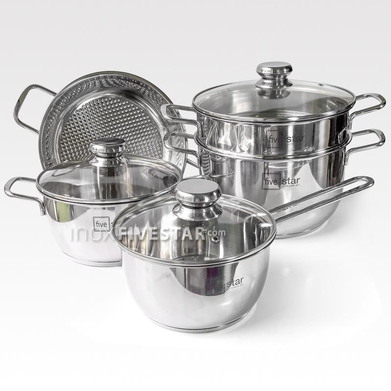 Bộ nồi xửng hấp quánh chảo caro inox 430 bếp từ 3 đáy FiveStars 5 món