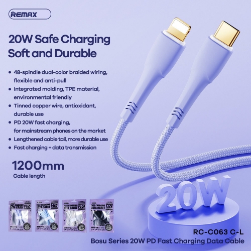 Cáp sạc nhanh Remax RC-C063 cổng Type C ra Lightning cho iPh max 20W