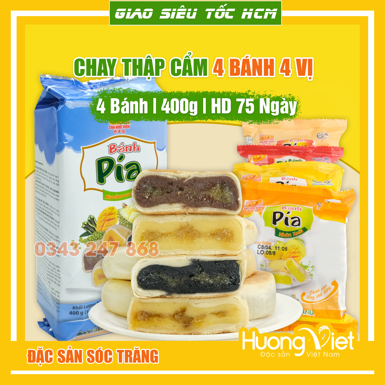 Bánh pía chay thập cẩm 4 bánh 4 vị Tân Huê Viên 400g bánh pía Sóc Trăng không trứng