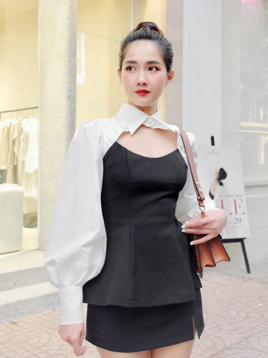 Áo Peplum Cổ Sơ Mi (Đen phối Trắng)
