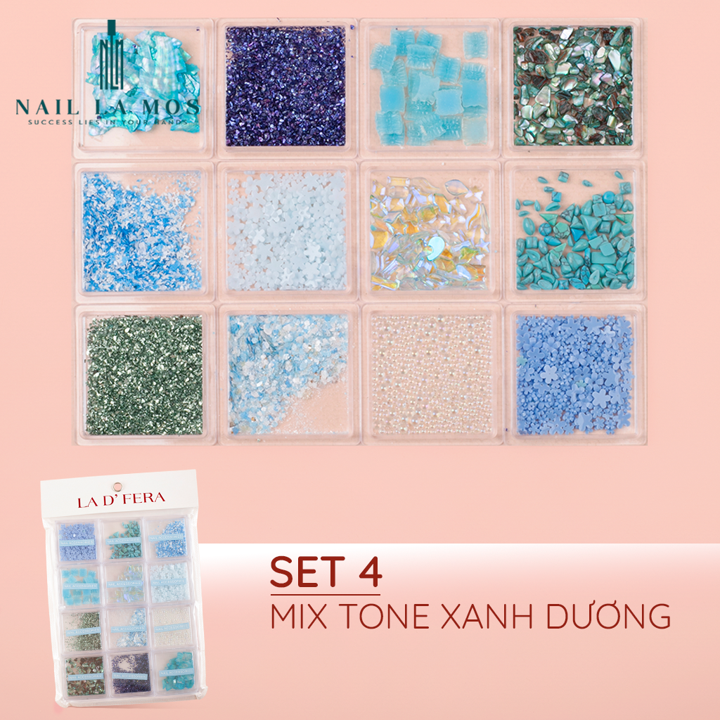 Set 12 hộp phụ kiện trang trí nail cao cấp La D’ Fera chính hãng - Set 12 ô mix đá charm, xà cừ, kim tuyến, hạt bi nails