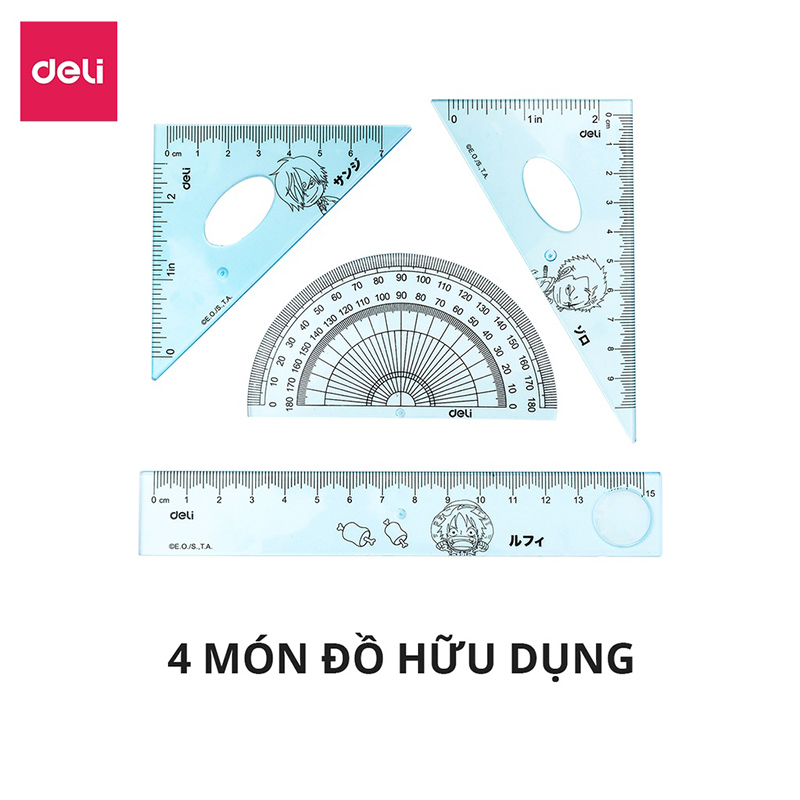 Bộ thước kẻ, eke, đo độ 15cm 4 chiếc One Piece H17 (Deli)