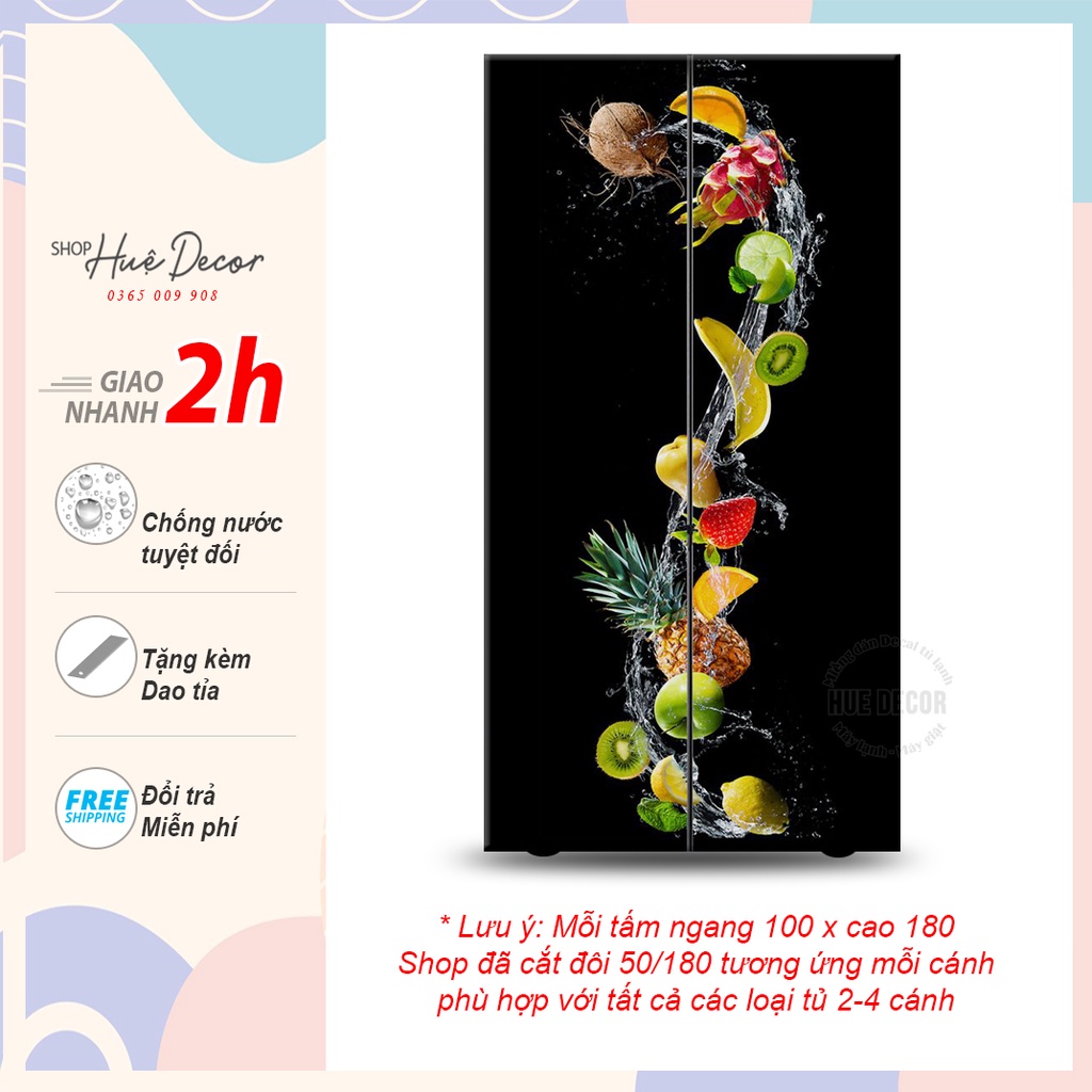 Miếng dán tủ lạnh side by side 2 cánh, 4 cánh hoa quả nhiệt đới