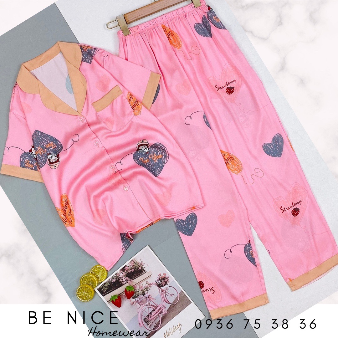 Set pijama lụa mặc nhà cổ phối màu tay ngắn quần dài