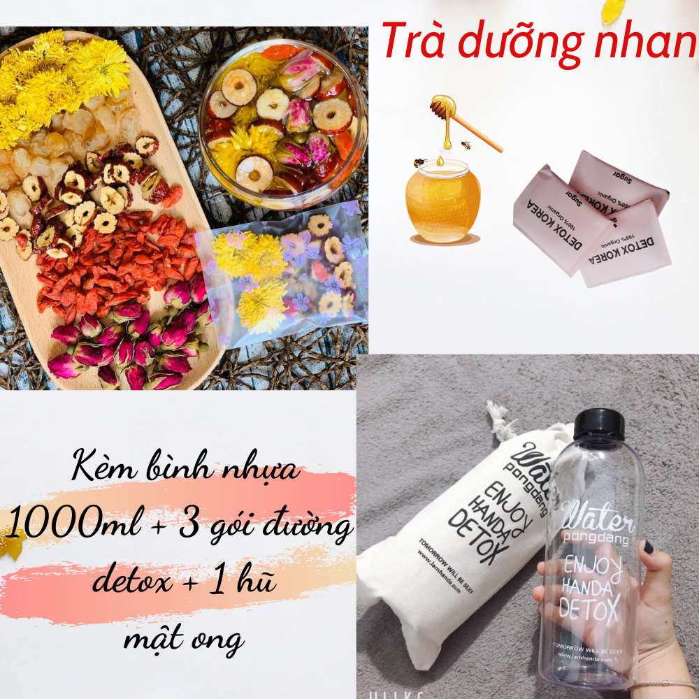 SET 30 gói  trà dưỡng nhan 5 Vị tặng bình nhựa 1000ml, hộp, túi vải, 3 gói đường detox, 1 hũ mật ong