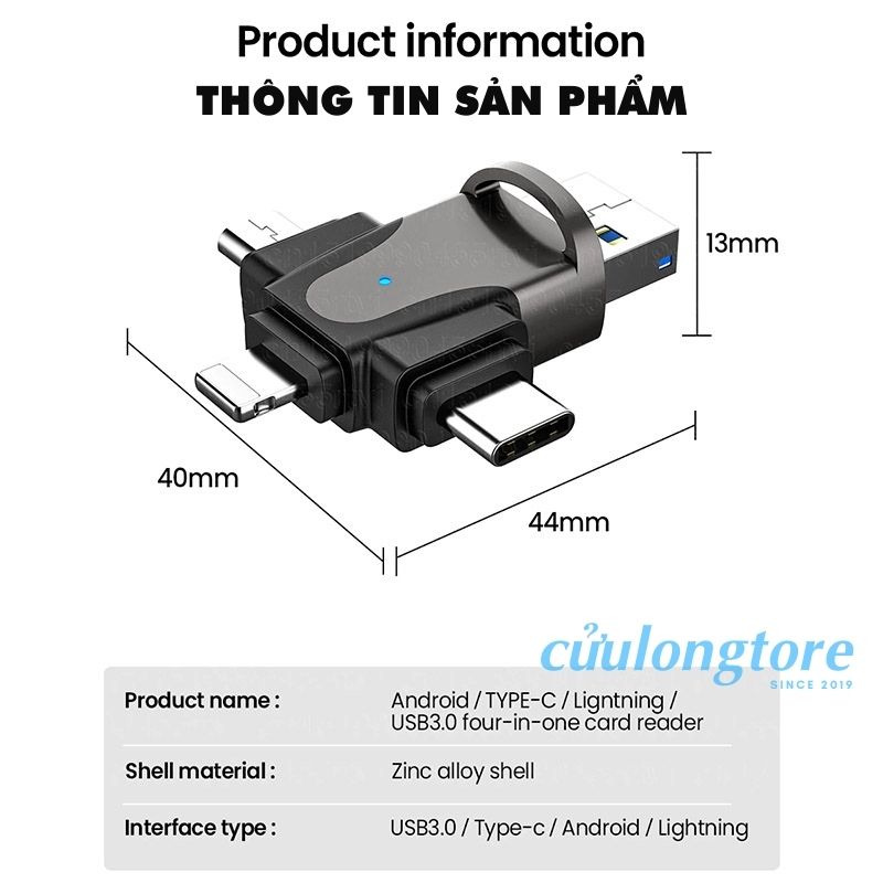 Đầu Đọc Thẻ Nhớ 3.0 OTG 4 Trong 1 TF Card Micro SD máy ảnh đa năng iphone type c micro usb tốc độ cao cho điện thoại máy tính