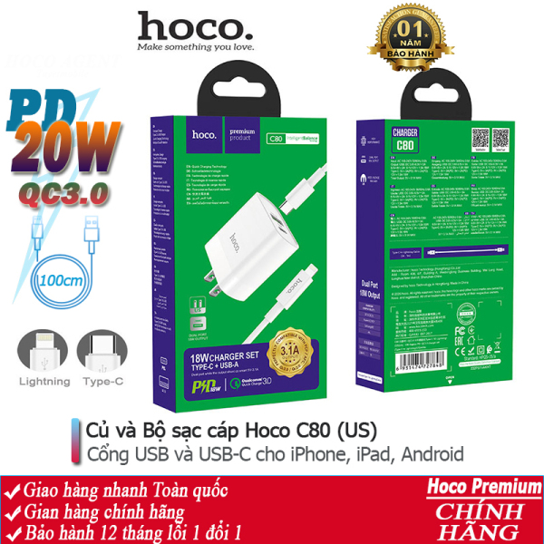 Củ sạc nhanh và Bộ sạc nhanh Hoco C80/C80A dòng PD 20W, QC3.0, 2 cổng cho iPhone, Android dây cáp dài 1m - Chính hãng