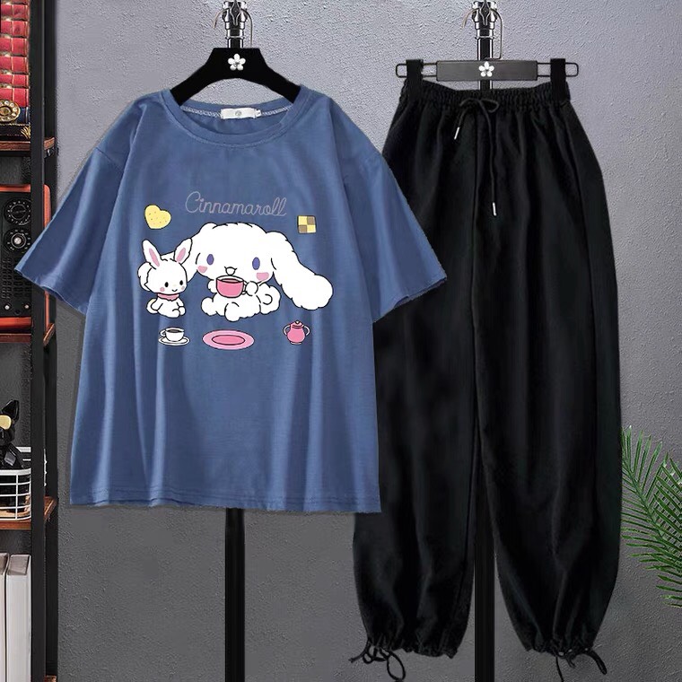 Sét áo gấu Cinna+quần bom đen, Áo Thun From rộng mặc cho nam và nữ, chất đẹp, rộng rãi thoải mái, Quần suông ống rộng, Quần kẻ, Sét bộ mặc ở nhà - MIMOSA