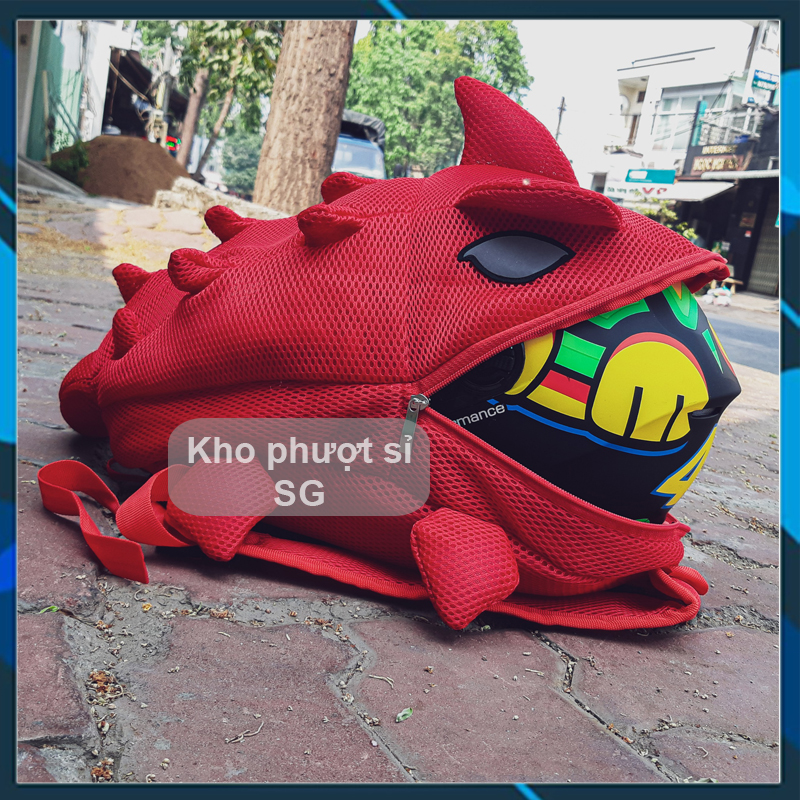 Balo khủng long vải lưới đựng nón bảo hiểm fullface màu đỏ - Balo khủng long size lớn đựng nón đi phượt