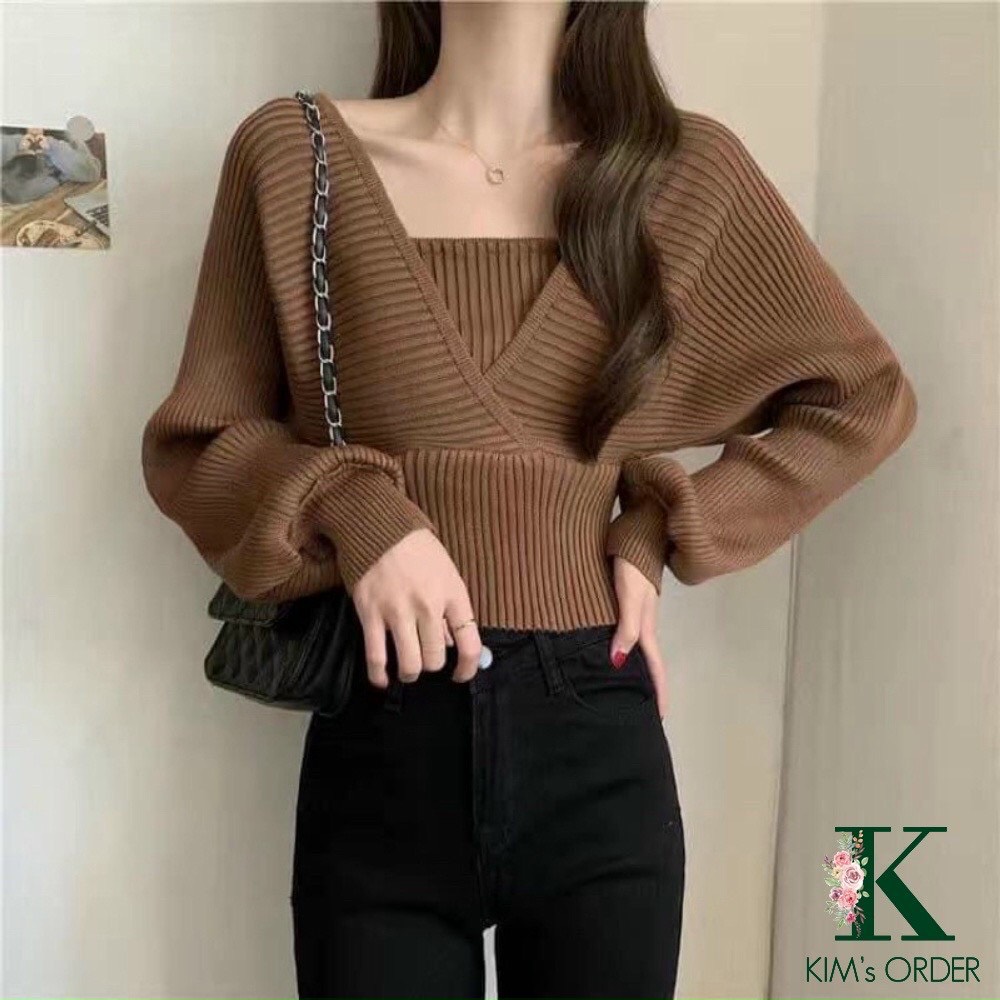 Áo kiểu nữ len gân cổ yếm tay dài thời trang hàng đẹp chuẩn shop