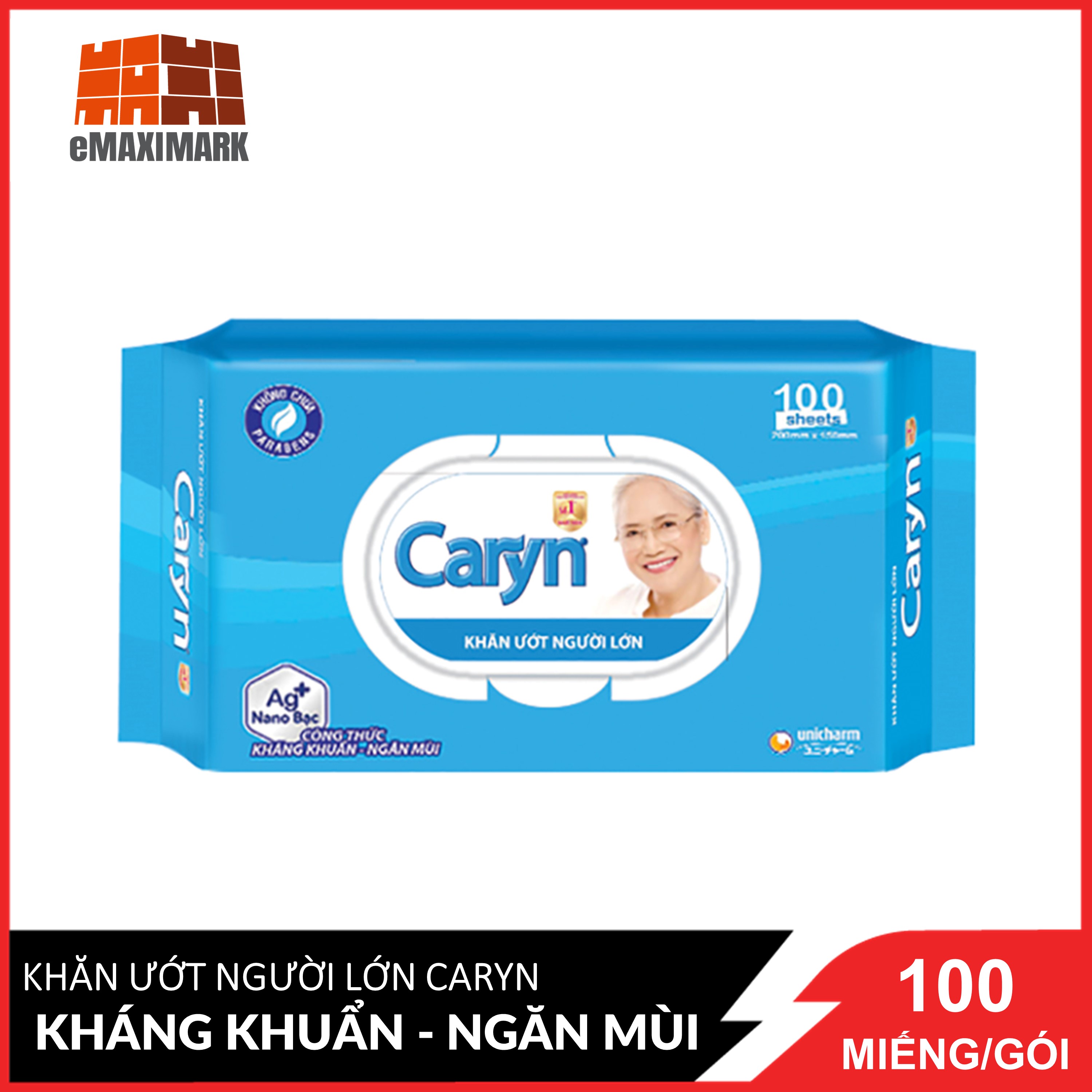 Khăn ướt người lớn caryn kháng khuẩn ngăn mùi hương tự nhiên gói 100 miếng
