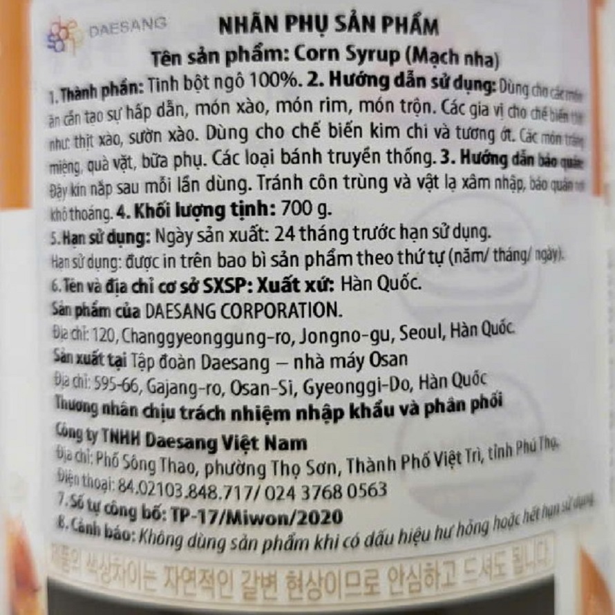 DAESANG (chai TRẮNG 700g) MẠCH NHA TRẮNG (MẬT NGÔ) Corn Syrup