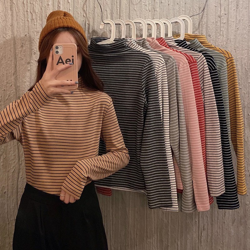 Áo giữ nhiệt kẻ sọc cổ 3 phân mềm mịn