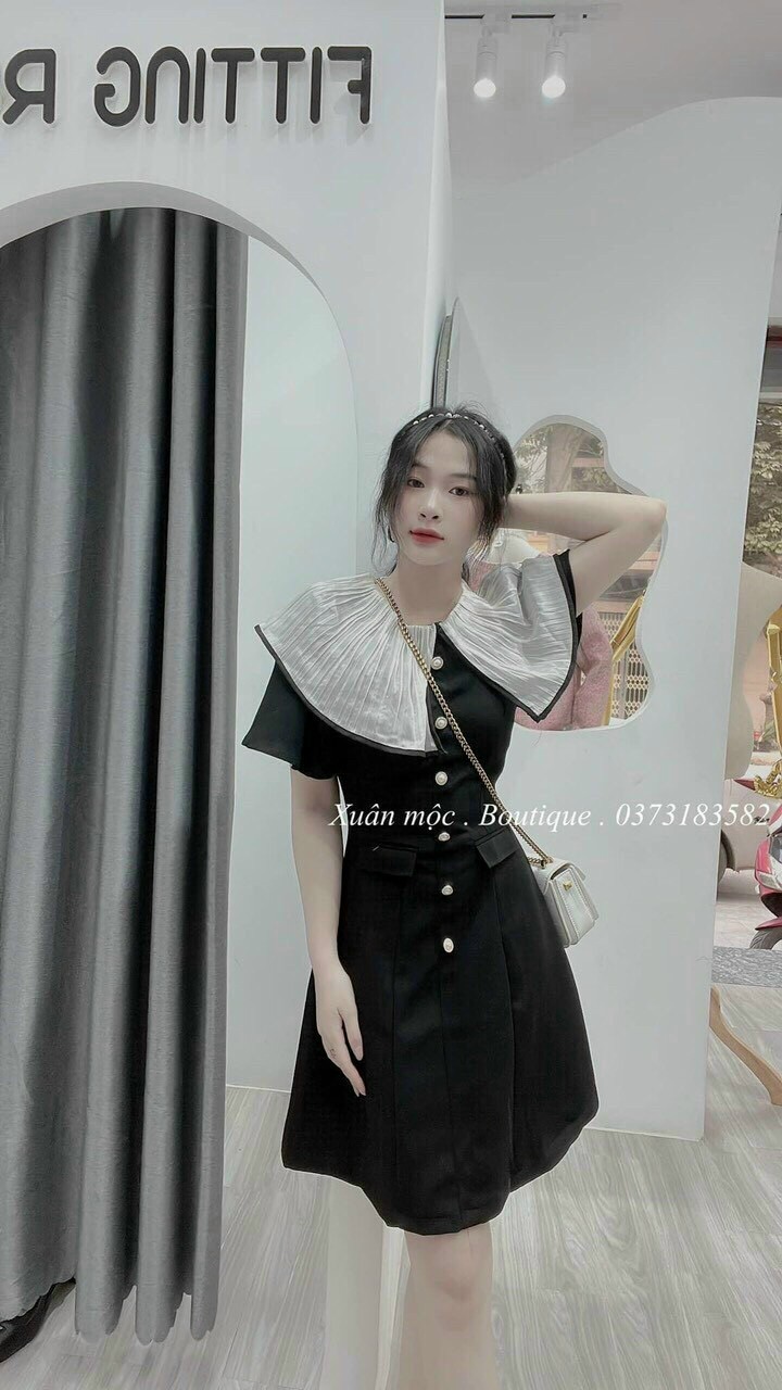 [HCM][Sale Miễn Phí Ship-Voucher Hoàn Tiền] Đầm Kate lụa xòe đính nút cổ bèo siêu xinh, đính túi giả eo