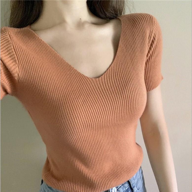 Áo len tăm cổ tim cộc tay - Loại 1