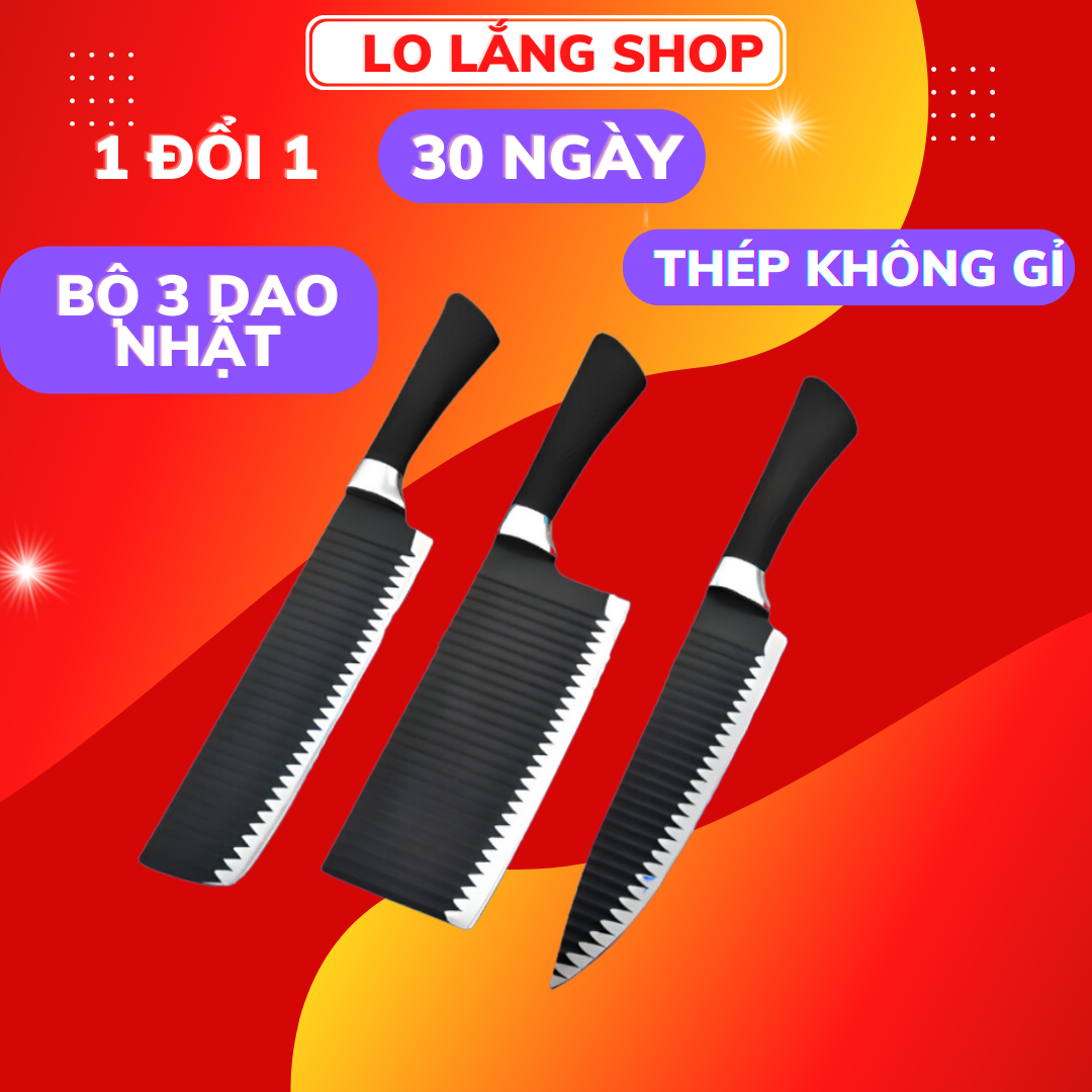Bộ 3 dao Nhật Bản thép không gỉ siêu bén thân dao gợn sóng chống dính (chuyên thái lọc thịt gọt hoa quả) cao cấp
