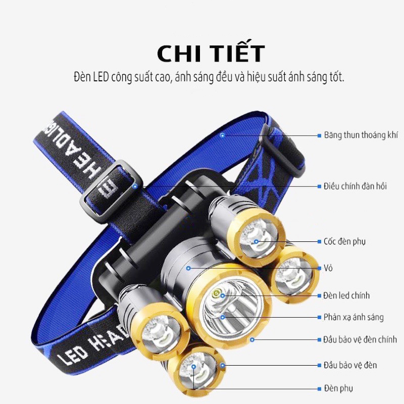 Đèn pin đội đầu 5 bóng siêu sáng tích hợp pin liền siêu tiện lợi