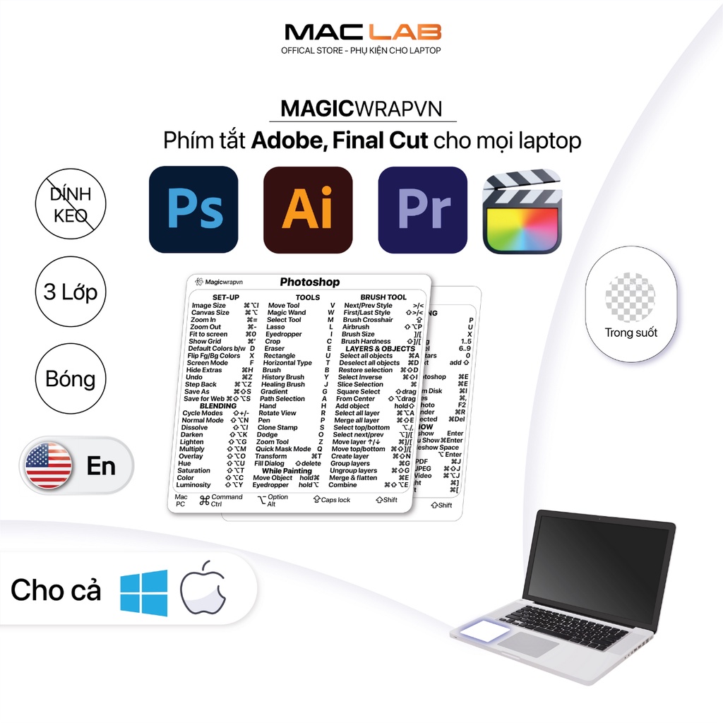 Miếng dán phím tắt AI, PTS, Lightroom, Premier Pro cho Macbook / Windows | Magicwrapvn