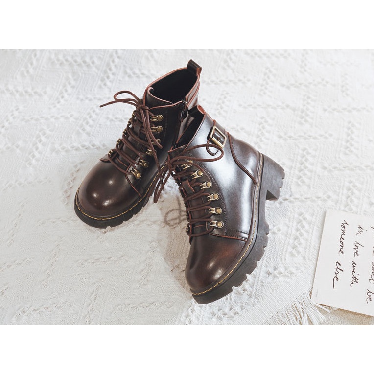 Bốt Nữ Retro Đinh Tán Giày Da Nữ Đế 3CM