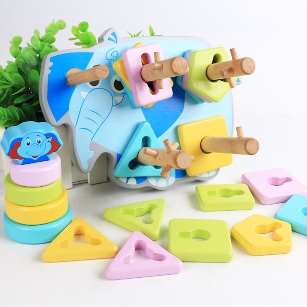 Bộ đồ chơi gỗ thả cọc 5 hình khối con voi xanh