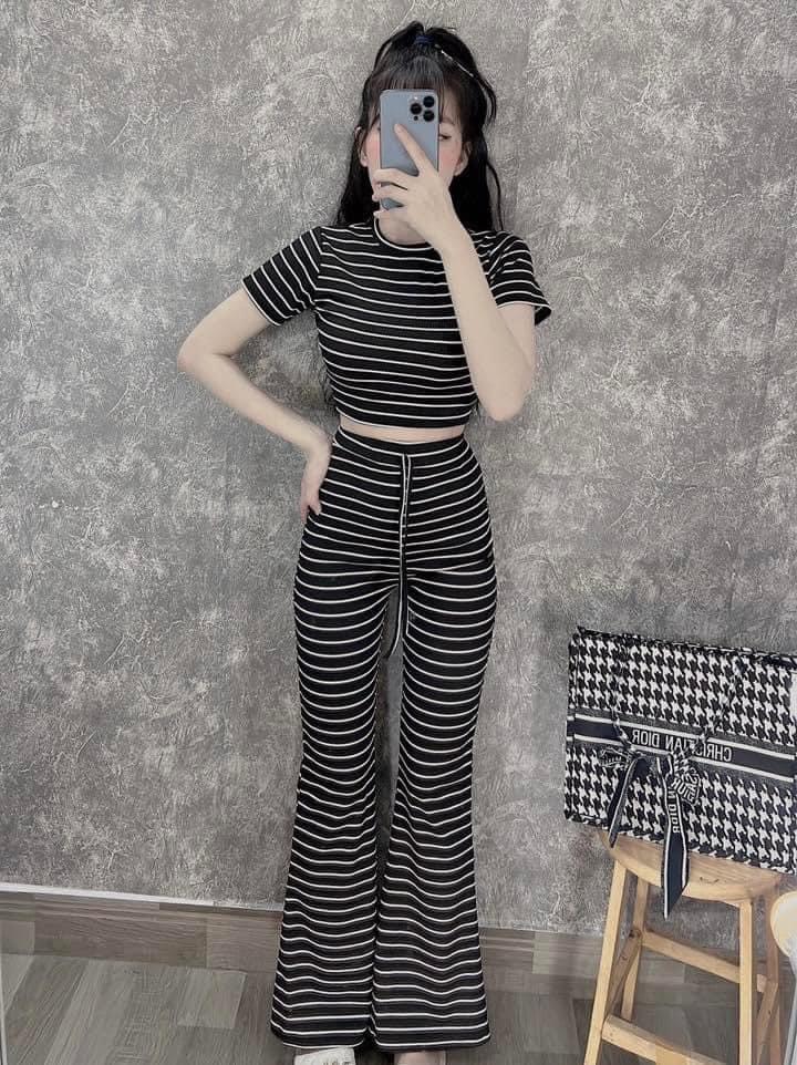 Set thun quần ống loe kẻ sọc set áo thun tay ngắn croptop quần thun ôm ống loe kèm ảnh thật set quần ống rộng đồ bộ thun dài mặc đi chơi cá tính