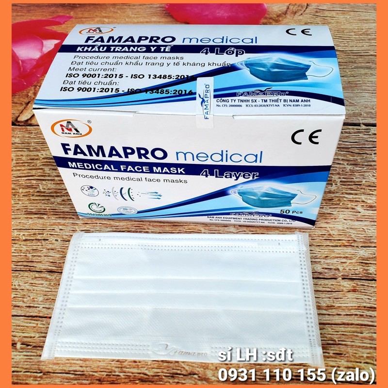 (Hộp 50 cái) khẩu trang y tế 4 lớp giấy kháng khuẩn 4U Famapro màu trắng