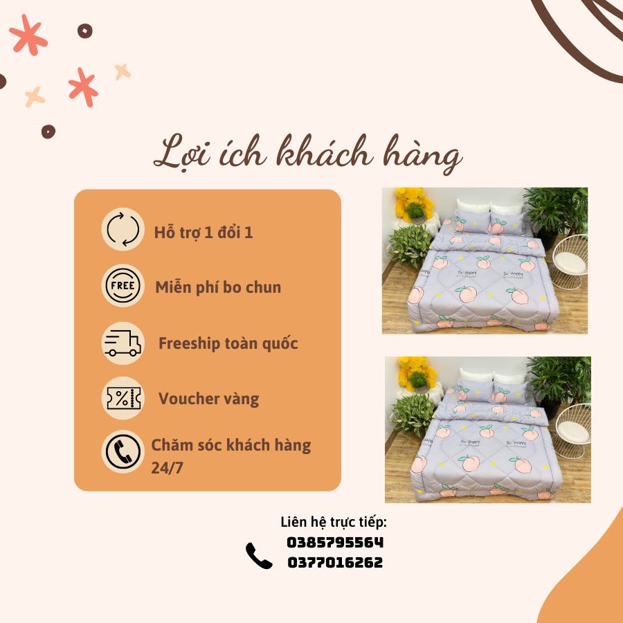 Bộ Chăn Phao 5 Món Mẫu Đào Tím Mã P38 ( Gồm 1 Chăn Phao, 1 ga bo chun,2 vỏ gối nằm và 1 vỏ gối ôm)