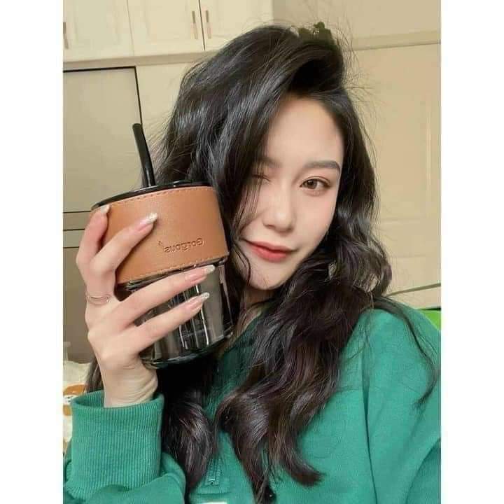 Ly thủy tinh có ống hút và bao da chịu nhiệt 450ml