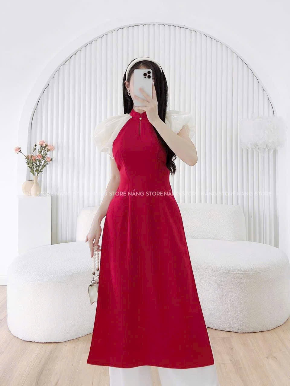 Set Áo Dài Cách Tân Chất Nhung Quần Lụa Du Xuân Tết (Set Gồm Áo Và Quần)