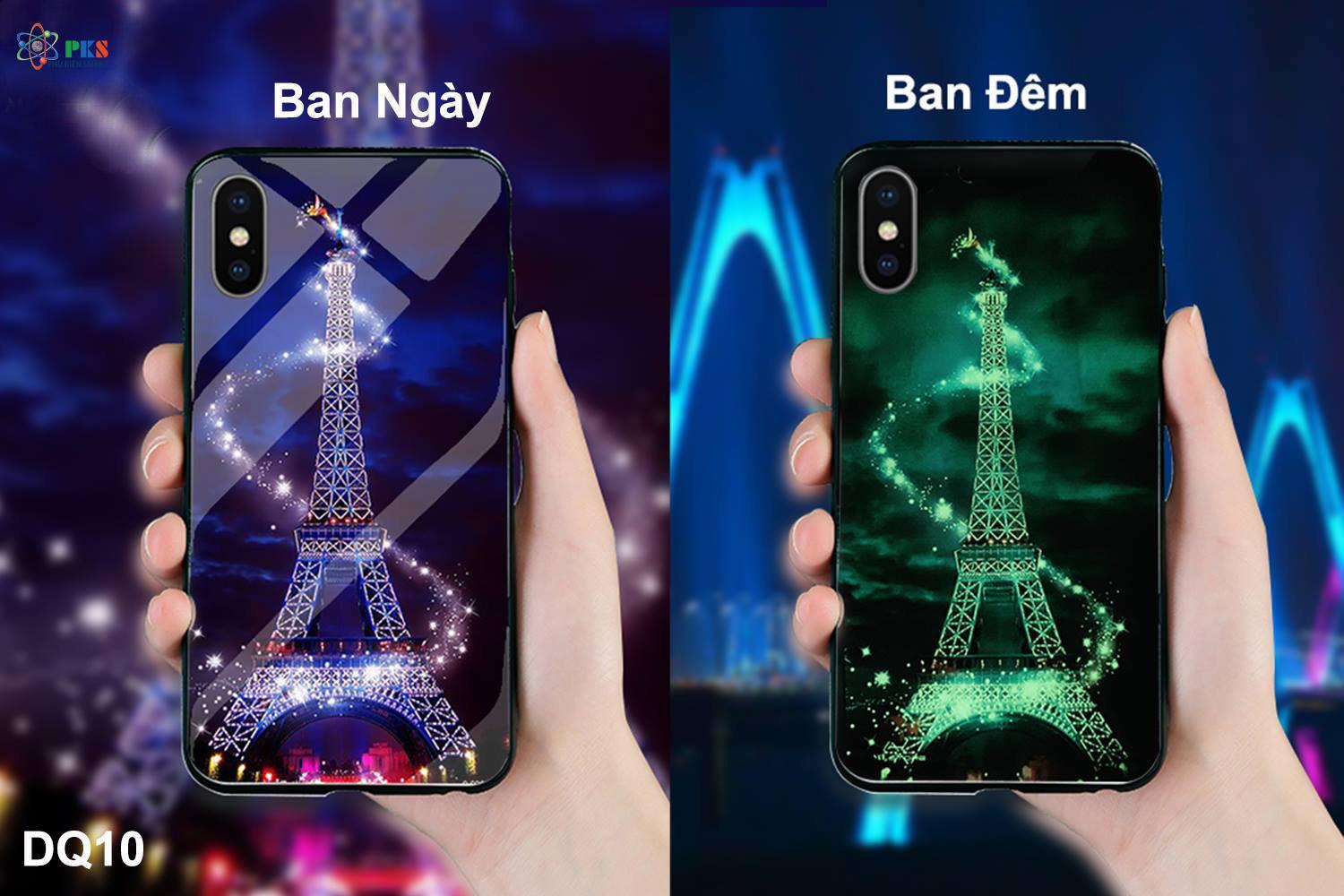 Ốp lưng Iphone X in 3D hình tháp eiffel dạ quang mặt kính sáng bóng