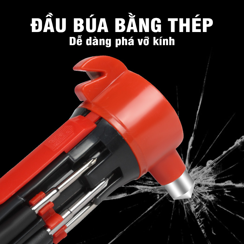 Búa thoát hiểm phá kính đa năng 8 trong 1 tích hợp tua vít và đèn pin cao cấp