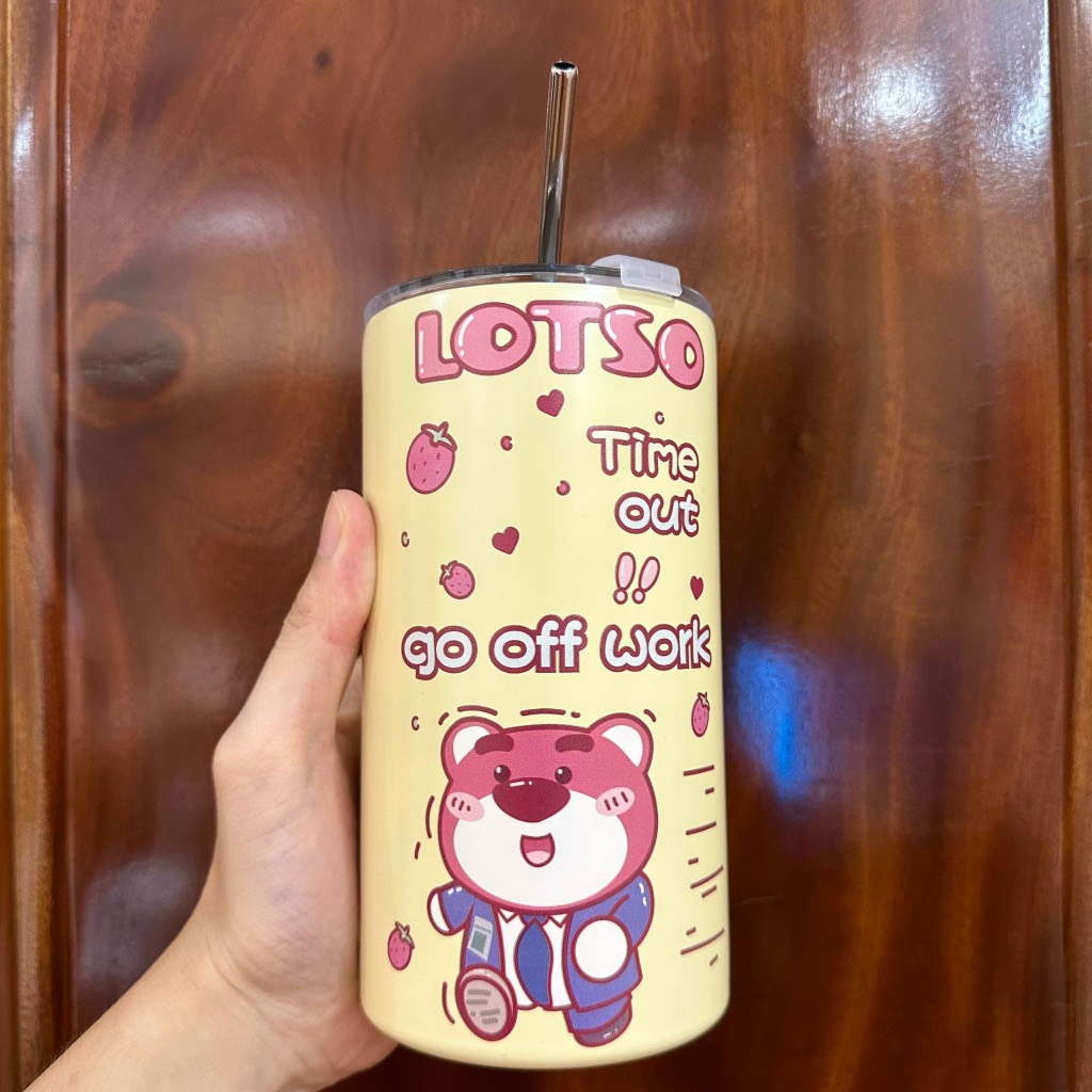 Ly giữ nhiệt Gấu dâu Lotso inox 304 không gỉ cao cấp, bình giữ nhiệt, cốc giữ nhiệt gấu dâu Lotso kèm ống hút 600ml cao cấp