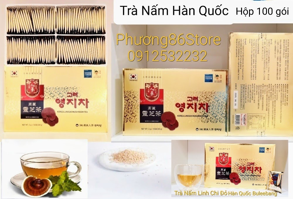 (Hộp 100 gói, Date 2025) Trà Nấm Linh Chi Đỏ Hàn Quốc Buleebang 300g (3g x 100 gói)