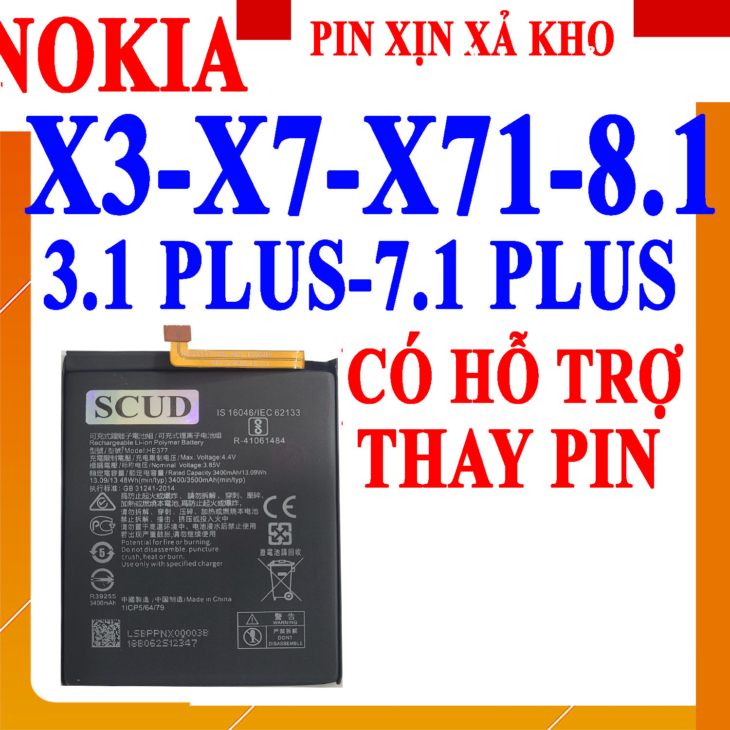 Pin scud cho nokia x71, nokia x7, nokia x3, nokia 8.1, nokia 3.1 plus, nokia 7.1 plus, he363 he377 dung lượng 3500mah