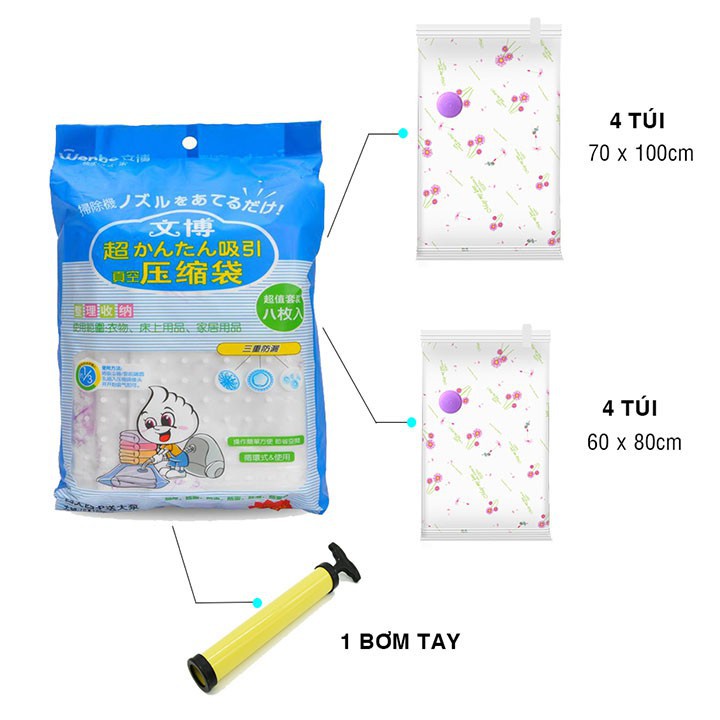 BỘ 8 TÚI HÚT CHÂN KHÔNG ĐỰNG QUẦN ÁO CHĂN MÀN TẶNG KÈM BƠM TAY. TÚI ĐỰNG QUẦN ÁO