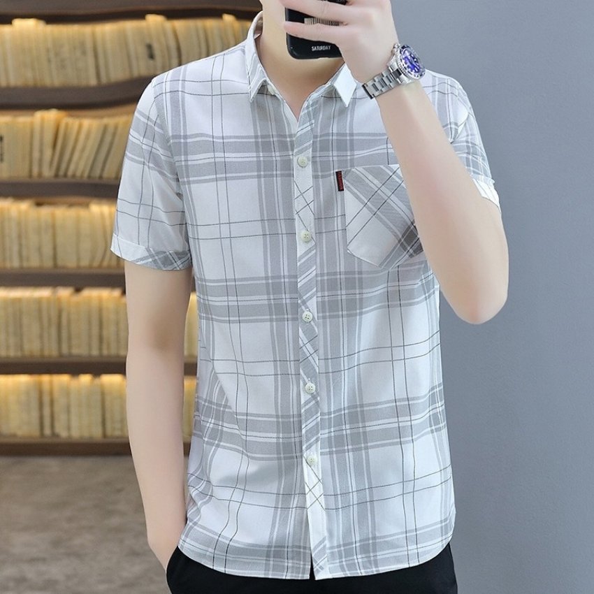 Áo sơ mi nam caro ngắn tay in 3D phối túi Mã Y557 Thời trang ARIC-MEN LUXURY Phong cách Hàn Quốc trẻ trung, nam tính, lịch lãm