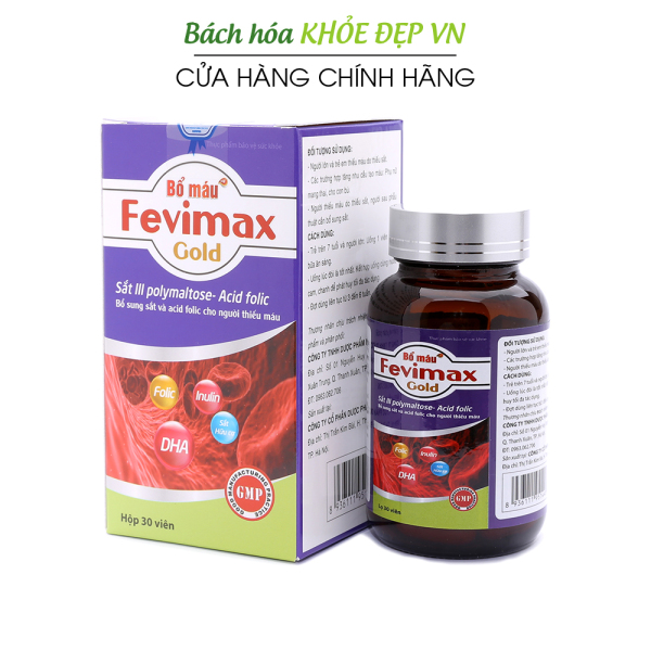 Viên uống Bổ máu Fevimax Gold bổ sung Sắt, Acid Folic cho người thiếu máu - Chai 30 viên nhập khẩu